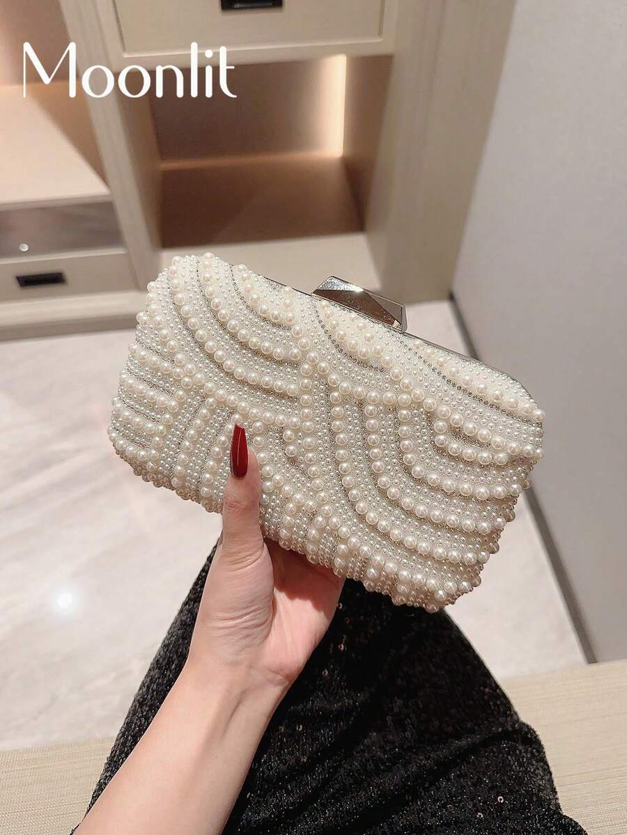 Moonlit EveBag 闪闪发光、亮片、奢华、闪亮迷你人造珍珠和水钻装饰盒包迷人的晚宴包、晚宴包,适合派对女孩、女士、新娘,非常适合派对、婚礼、舞会、晚宴/宴会、优雅珍珠手拿包、舞会包 - 米色 - 查看 1