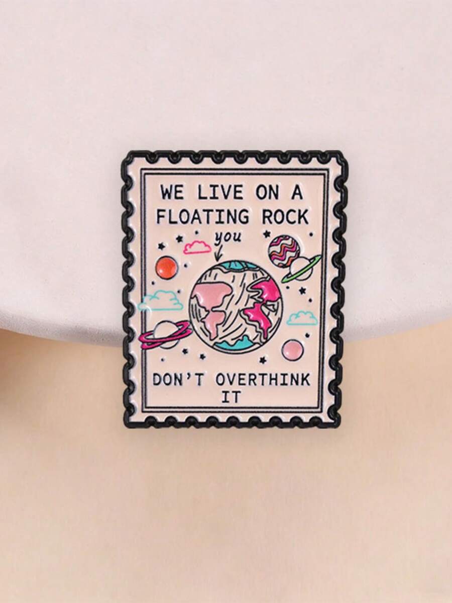 Stamp‑Shaped Space Planet Enamel Pin Relaxing Quote Lapel Brooch For Jacket Backpack