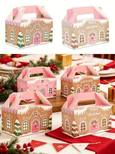 1PC-Christmas Gift Bags/Boxes: Gingerbread House Christmas Gift Box With Handle-Pink Christmas Gift Container For Gift Parties And Gift Wrapping Supplies, Suitable For Christmas, Thanksgiving, New Year's, Birthdays, And Other Parties