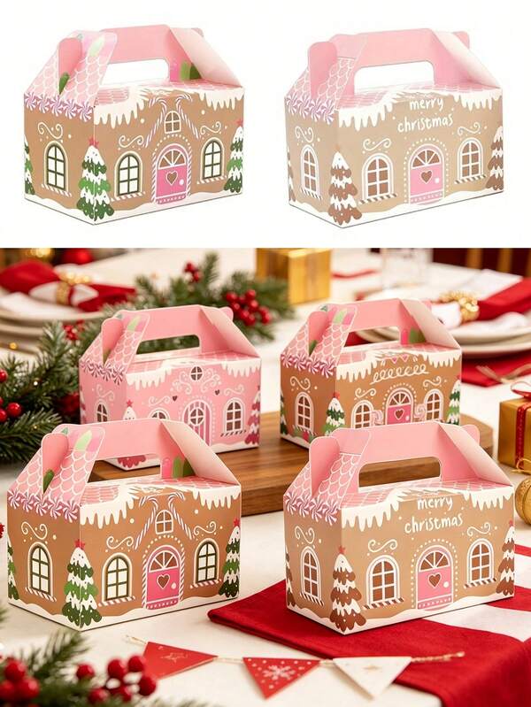 1PC-Christmas Gift Bags/Boxes: Gingerbread House Christmas Gift Box With Handle-Pink Christmas Gift Container For Gift Parties And Gift Wrapping Supplies, Suitable For Christmas, Thanksgiving, New Year's, Birthdays, And Other Parties