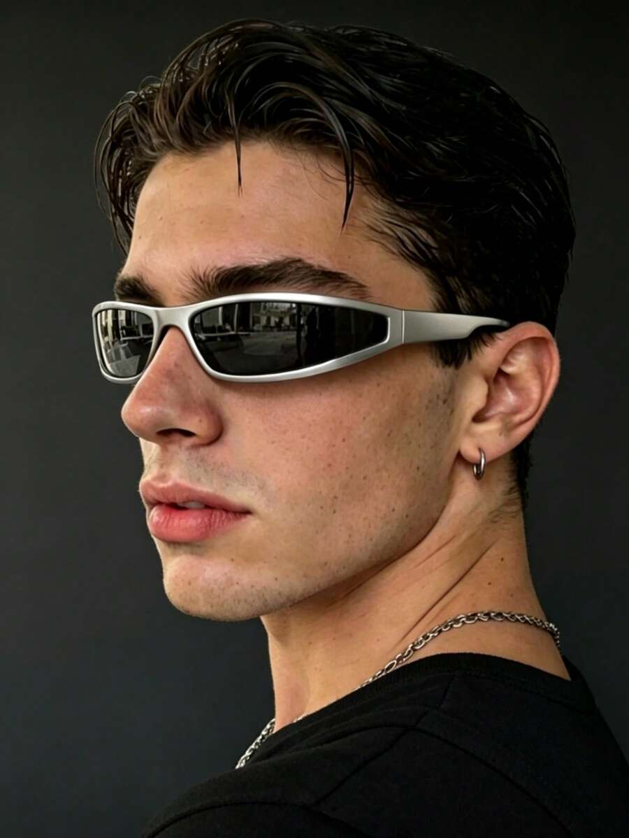 1 Pair Silver Wrap-Around Small Frame Men's Fashion Glasses Y2K Avant-Garde Personalized Glasses Narrow Frame Small Future Style Men's Glasses - Silver - View 1