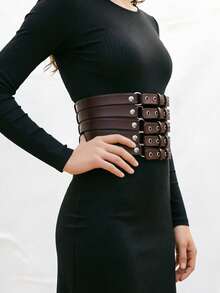1pc Women's Coffee Color Punk Fashion Multi-Hole Metal Belt, Versatile Hollow Decorative Accessory - Brown - View 4