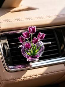 2D Creative Purple Tulip Vase Car Air Vent Clip, Acrylic Simulation Flower Auto Air Outlet Ornament, Cute Car Interior Decor Accessories For Ladies - 2D Tulip Vase - View 1