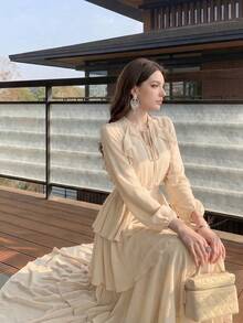 Women's New Solid Color Elegant Small Stand Collar Long Sleeve Tiered Ruffle Design Fashion Luxury Slimming Waist Flared Dress - Apricot - View 7