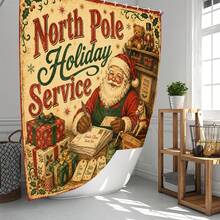 1pc/4pcs Christmas Santa Claus Multi-Functional Bathroom Decor Shower Curtain Set, Free 12 Hooks, Premium Holiday Atmosphere, Bathroom Mat, U-Shaped Rug And Round Toilet Lid Cover, Suitable For All Christmas Occasions - Santa Claus 2 - View 2