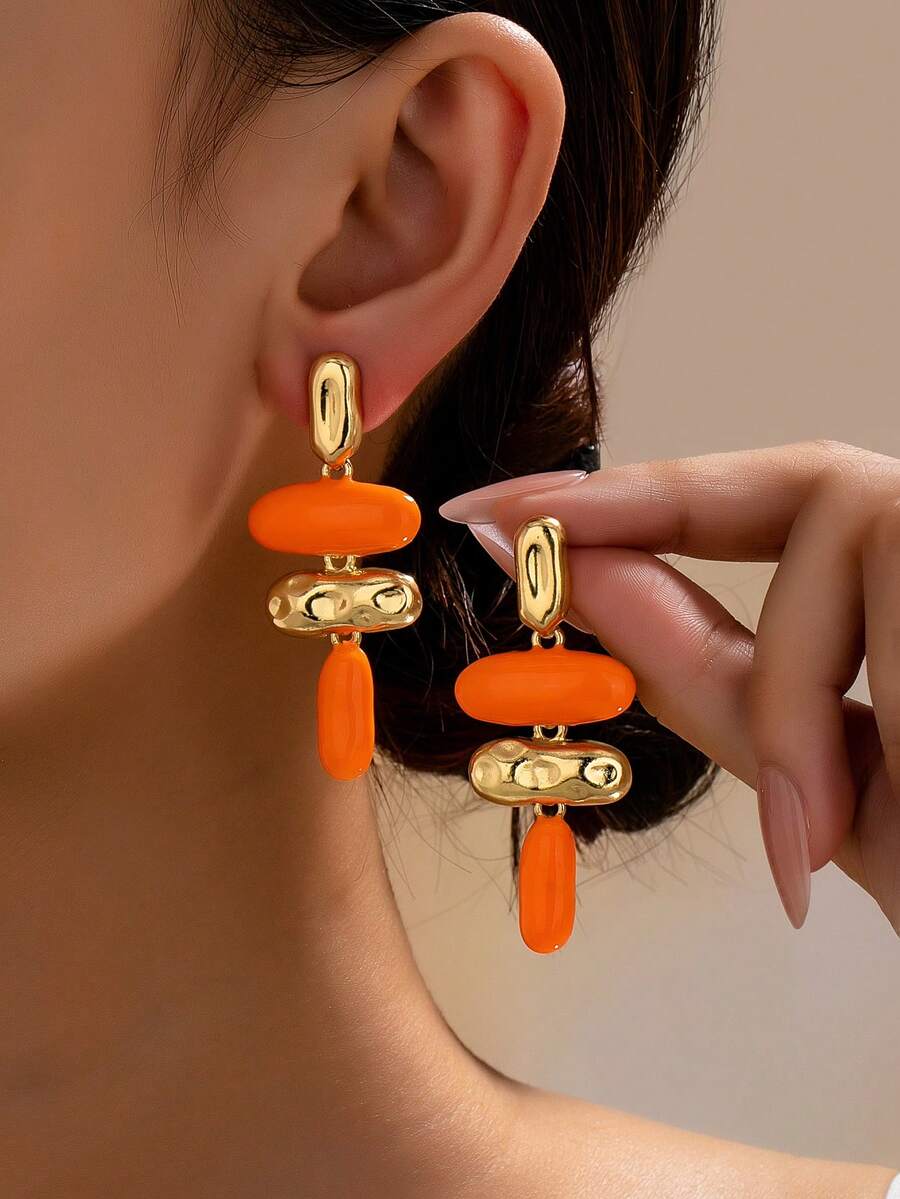 1 Pair Exaggerated Asymmetrical Geometric Oil Drip Enamel Earrings - Orange - View 1