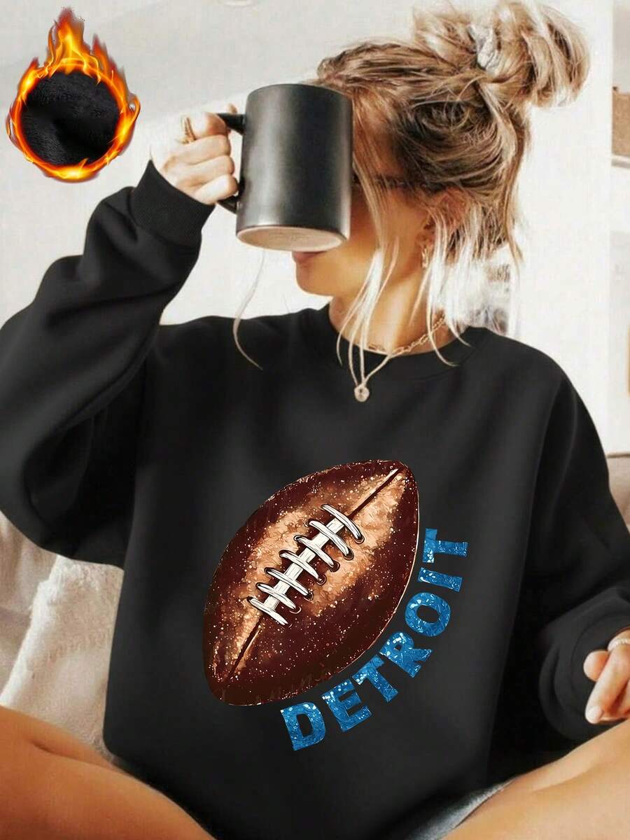 Es Trus, Autumn And Winter Plus Size Women's "Rugby Letter" Pattern Printed Street Outing Commuting Y2k Clothing Black Large Round Neck Hoodie - Black - View 1