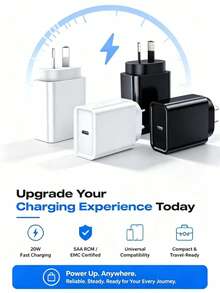 Charger Cepat USB-C 20W, Adaptor Dinding Multifungsi dengan Steker Standar Australia. Charger USB-C untuk Perjalanan, Kompatibel dengan Berbagai Perangkat, Kabel USB-C ke USB-C 1m/2m Opsional, Cocok untuk iPhone, Android, dan Perangkat Lainnya. - View 2