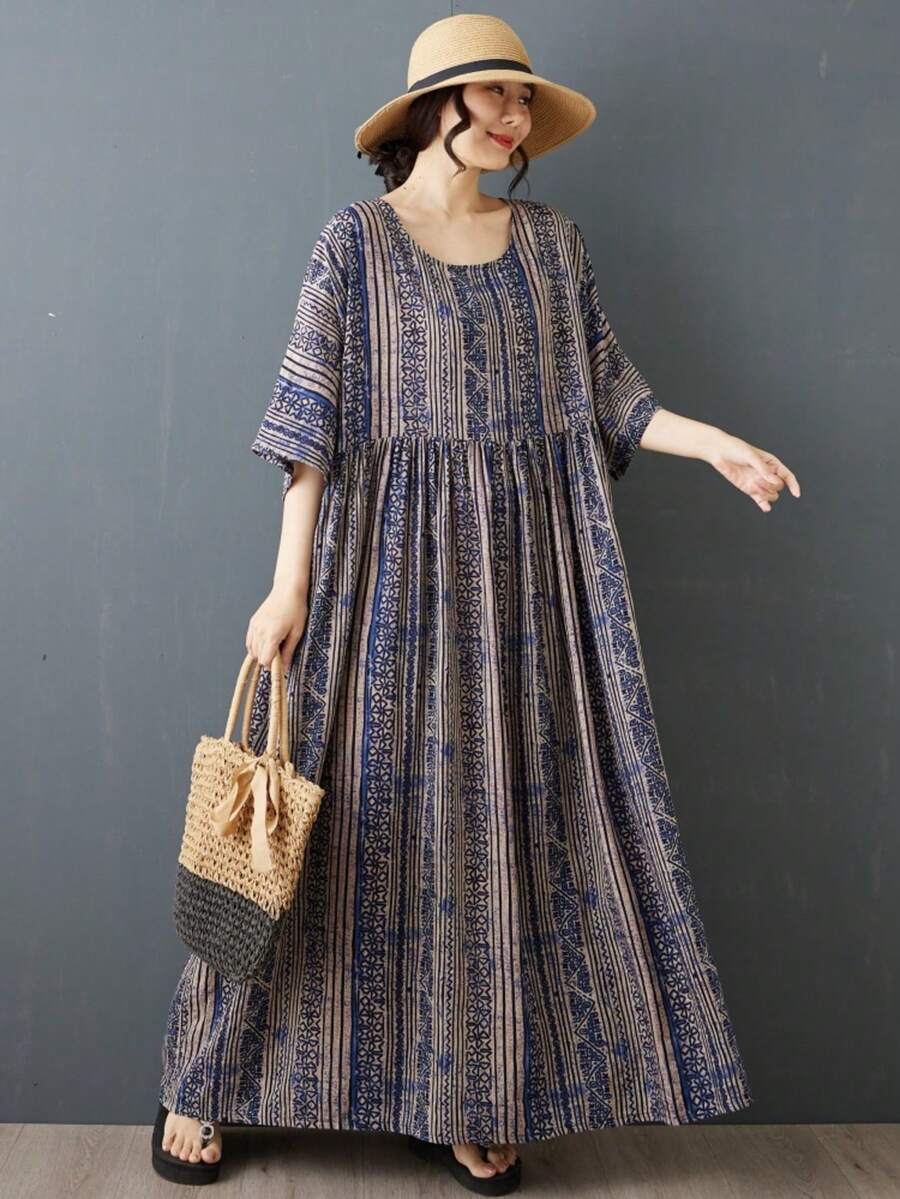 AZAH 2026夏季條紋波希米亞風休閒度假沙灘洋裝女款，大尺碼A字版型圓領蝙蝠袖口袋洋裝，Sui - 藏蓝色 - 查看 1