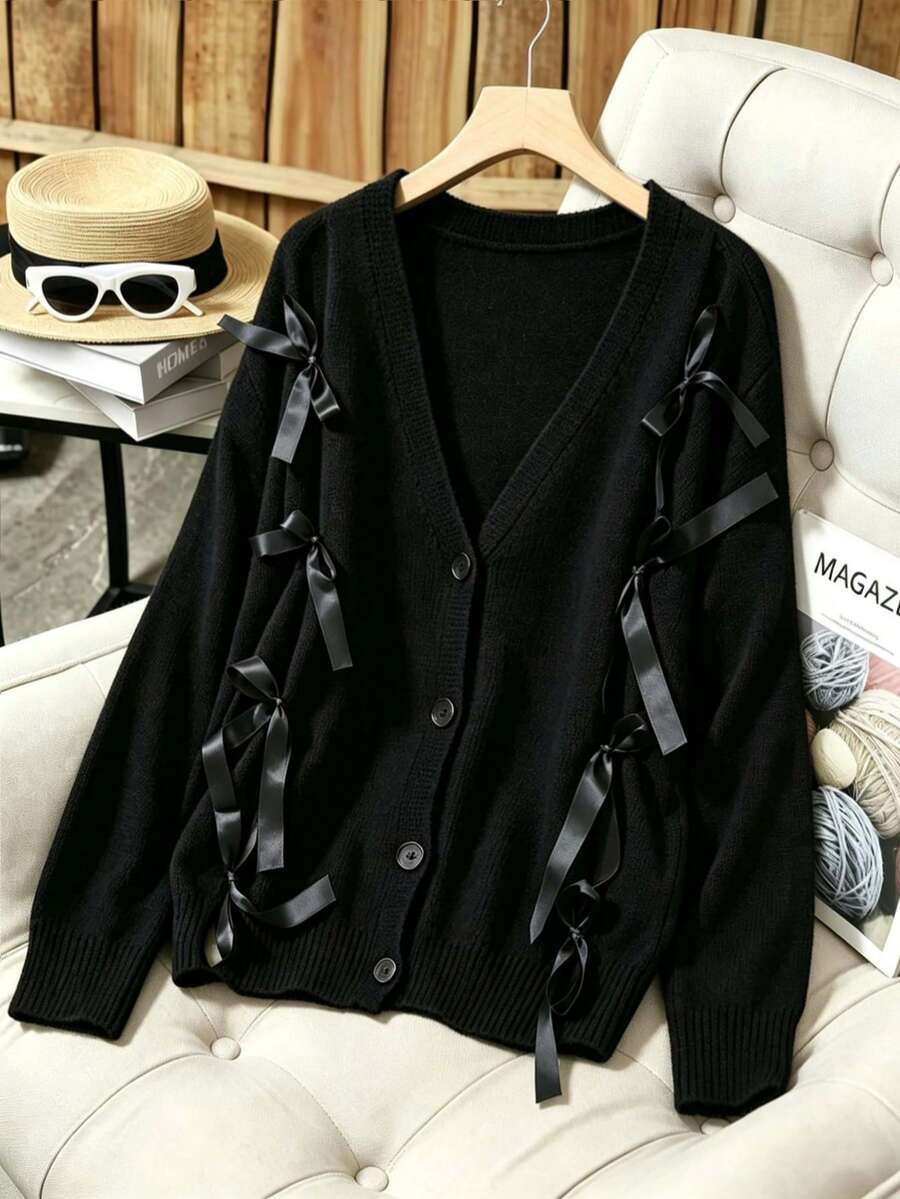 Plus Size Solid Color Casual V-Neck Hollow Bow Knot Knit Cardigan - Black - View 1