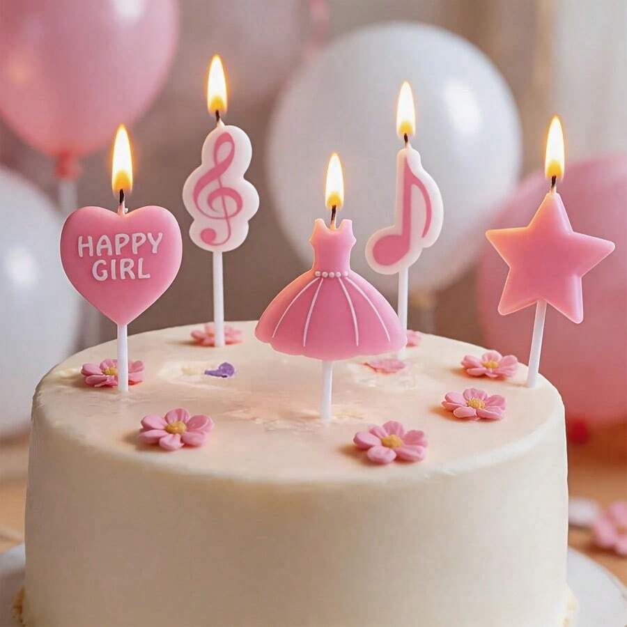 HIBIRTH 5pcs Creative Pink Musical Note Dress Birthday Candles Cake Decoration Supplies Women Birthday Celebration Wish Party Baking Plug-In