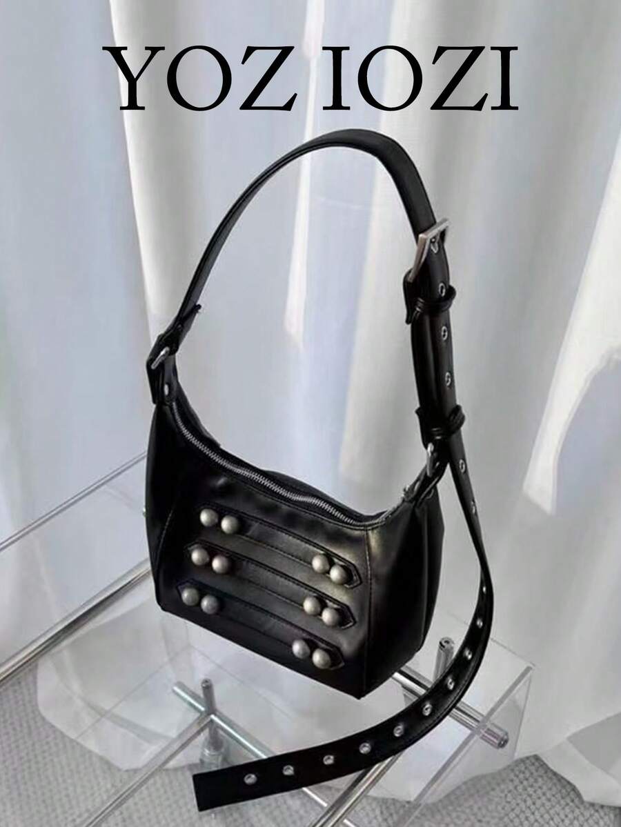 American Hot Girl Motorcycle Bag New Niche Design Ins Style Double Button Underarm Bag Commute Outing Daily Shopping Versatile Fashion Minimalist Shoulder Crossbody Bag - Black - View 1
