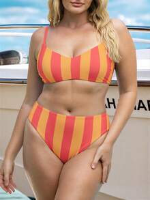 2026 Summer New Plus Size Women's Red & Yellow Wide Vertical Stripe Print Bikini Set, Random Print Shoulder Straps, Fresh Sweet Style Two Pieces Swimwear, High Waist Tummy Control, Fashionable & Versatile, Suitable For Beach Leisure, Hot Spring Vacation, Beachwear - Red and Yellow Stripes - View 3
