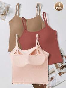 3 piezas Camisetas sin mangas acanaladas con acolchado para mujer, tops casuales y sexys de corte corto - Multicolor - Ver 3