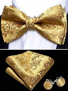 Paisley Striped Bow Tie For Men Silk Pre-Tied Bowtie Pocket Square Cufflinks Set Formal Wedding Party Prom - Gold - View 2