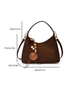 low tea 1pc Minimalist Fashion Suede Fabric Handbag With Adjustable Shoulder Strap, Suitable For Commuting, Shopping, Etc. (With Pendant) - Coffee - View 3