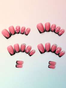 24pcs Medium Square Wearable Nails, Grey Purple Black V-Shape French Tip Fake Nails, Hand-Painted Pink Butterfly Floral Rhinestone Crystal Glossy Matte Mixed Reusable Artificial Nails, Sweet Gothic Style Manicure, Suitable For Women's Daily, Date, Party, Holiday - Multicolor - View 5
