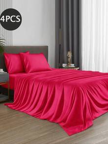 Set Sprei 4 Potong Warna Merah Mawar Polos, Mudah Perawatan, Set Sprei Lembut, Termasuk Sprei Fitted (1 Sprei Datar + 1 Sprei Fitted + 2 Sarung Bantal). Set Sprei Fitted Warna Polos, Ukuran Tersedia: Ekstra Besar, Besar, Penuh, Twin. Desain Kantong Dalam, Cocok untuk Kasur Hingga 11,8 Inci. Lembut dan Bernapas, Tahan Kerut - Hot Pink - View 2