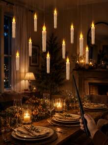 20pcs/12pcs/6pcs Hanging Floating Candles With Magic Wand Remote Control And Hanging Rope, Flying Flameless LED Taper Candles, Warm White Light, Battery Operated Window Candles, Suitable For Halloween Christmas Party Decoration - Multi-tear Magic Candle Lamp - View 8