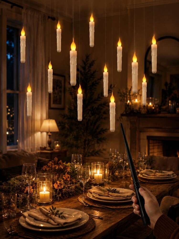 20pcs/12pcs/6pcs Hanging Floating Candles With Magic Wand Remote Control And Hanging Rope, Flying Flameless LED Taper Candles, Warm White Light, Battery Operated Window Candles, Suitable For Halloween Christmas Party Decoration - Multi-tear Magic Candle Lamp - View 7