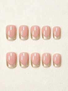 24pcs Summer Short Square Elegant Golden Edged Nude Glossy Nail Tips, Fashion Versatile Wear For Dates, Parties, Spring/Summer, Suitable For Women & Girls, Autumn/Winter Daily Wear, Removable Press-On Nails Set With Jelly Gel And File Included, Random Jelly Gel Color - Gold - View 2