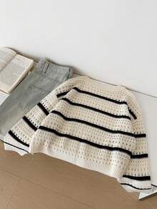 Spring/Autumn New Black & White Contrast Horizontal Stripe Hollow Knit Sweater, Round Neck Drop Shoulder Long Sleeve Loose Fit Versatile Thin Knit Top - Black and White - View 8