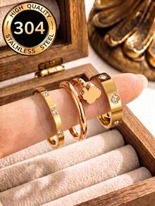 3pcs 18k Gold Plated Exquisite Luxury Sparkling Ring Set, Stainless Steel Jewelry Set, Multiple Sizes Available, Solves Your Size Anxiety, Waterproof, Wear-Resistant, Hypoallergenic, Suitable For Women's Daily Wear, Party, Gift, Vacation, Fashion Jewelry - Yellow Gold - View 2