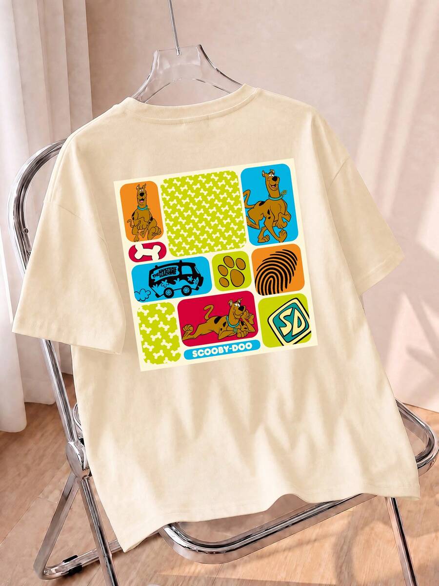 Whysmera SHEIN X SCOOBY-DOO Casual Crew Neck Short Sleeve T-Shirt, Fun Cartoon Dog & Paw Print, Flower Van Grid Elements Combo Print - Apricot - View 1