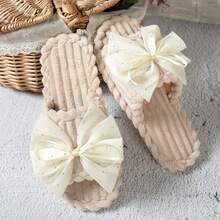 Mesh Bow Plush Slip-On Slippers For Women, Soft Fuzzy House Slippers, Casual Home Wear To Match Pajamas And Nightgowns - Beige - View 2