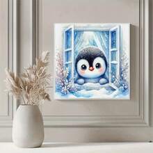1PC | 5D DIY Diamond Painting | Penguin In Snowy Landscape Window View Diamond Painting Kit, Round Full Drill Mosaic Craft Set, High Definition Art Diamond Painting, Focus And Relax Through DIY, Suitable For Living Room, Bedroom, Office Wall Decor, Surprise Holiday Home Decor Gift For Family And Friends, Unframed - round diamond - View 3