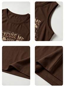 女款圓領字母印花休閒百搭日常穿搭上衣 夏季 棕色 - 棕色 - 查看 5