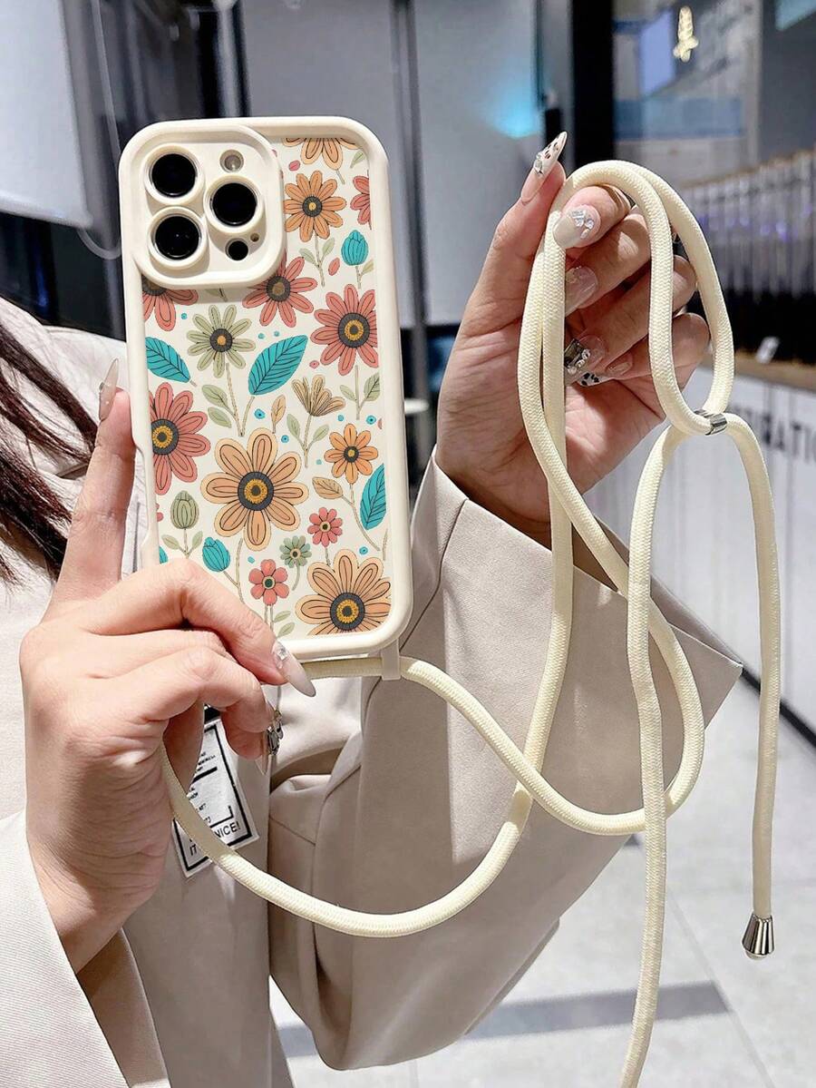 花卉彩繪 CD 紋理掛繩手機殼 米色拼色斜跨款 適用 Apple 17/17 Pro/16/16 Pro/16 Pro Max/16 Plus/14 Pro Max/15 Pro Max/13 Pro Max/14/7P/12 Pro Max/11/XS Max 柔軟矽膠 可拆卸可調節背包式掛繩 雙掛孔保護殼 - 彩色 - 查看 1