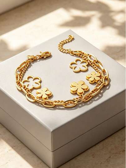 Letingsha Gelang Bunga Lima Kelopak Keberuntungan Stainless Steel untuk Wanita, Perhiasan Fashion Motif Floral Daun Lima yang Eksklusif, Hadiah Perhiasan