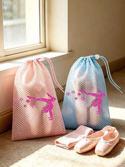 Saco de Malha com Cordão para Sapatos de Ballet com Brilho e Padrão de Estrela de Bailarina de Ginástica, Saco de Armazenamento Respirável para Sapatos de Dança, Saco de Ginástica, Saco Organizador de Sapatos Portátil e Leve; Saco de Armazenamento Multifuncional, Saco de Praia Portátil, Saco de Higiene para Viagem, Saco de Maquilhagem, Adequado para Armazenar Sapatos de Ballet, Fatos de Banho, Cosméticos, Cuidados com a Pele, Protetor Solar, Artigos Essenciais Diários, Artigos de Papelaria, Adequado para Aulas de Dança, Treino de Ginástica, Viagens, Natal, Dia do Professor, Época de Regresso às Aulas e Presentes de Halloween para Raparigas, Saco de Acessórios de Dança e Ginástica