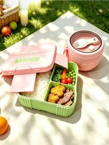SEAL LOCK 2 Pieces Colorblock Divided Lunch Box And Sealed Soup Bowl Set With Built-In Spoon And Fork Utensils, Food And Soup Separation, Portable Bento Box For Office Workers, Students, Outdoor Picnic, Commuting, School, Multi-Scenario Use, Anti-Cross-Flavor - Multicolor - View 7