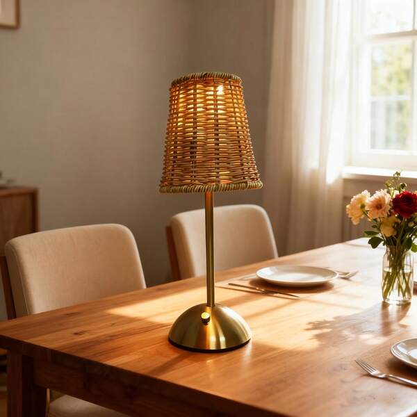 Lámpara de mesa ajustable multicolor, tejida a mano, diseño novedoso, lámpara de mesa con forma de paraguas de hongo tejida de ratán de alta gama, creativa y única, adecuada para decorar diversas escenas | Recargable por USB