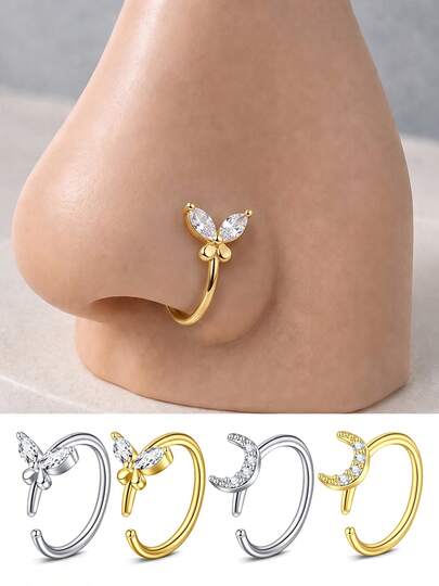 1 pieza Elegante aro de nariz con mariposa y luna de CZ, acero inoxidable 316L hipoalergénico, aro de nariz abierto de color oro/plata 18G, joyería de piercing para uso diario de mujeres