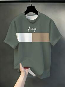 2pcs Plus Size Men's Gray-Green Colorblock King Handwritten Letter Short Sleeve T-Shirt And Matching Embroidered Joggers Set, American Casual Summer - Green - View 3