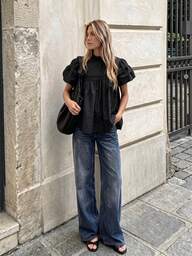 Women's New Summer Black French Stand Collar Puff Sleeve Top, Casual Loose Contrast Lace Short Sleeve Blouse, Versatile For Commuting, Dating And Vacation