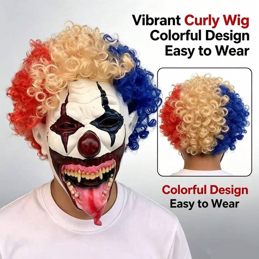 1pc Full‑Face Clown Mask With Red Beige Blue Curly Wig, Latex Costume Mask For Halloween Cosplay, Masquerade, Escape Room, Themed Party Role‑Play Dress‑Up Props