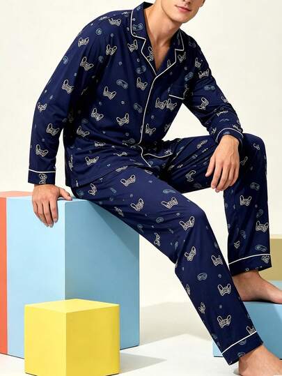 Conjunto de pijama de otoño/invierno para hombre, cárdigan con cuello, estampado de icono de consola de juegos de dibujos animados & letras, manga larga & pantalones largos, ropa de estar en casa cómoda y casual