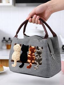 2D Plush (4 Cats) Back View Striped Lunch Box, Pet Pattern Tote Bag,Portable Picnic Bag, Unisex Lunch Bag, Zipper Closure, Suitable For Cat Lovers,An Excellent Gift Choice For Students, Teachers, Birthdays, Or Anniversaries. - Multicolor - View 6