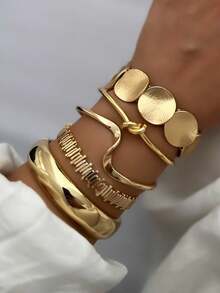 1/6pcs Fashion Minimalist Exaggerated Old Money Style Water Drop Round Disc Wide Cuff Bracelet Set For Women, Suitable For Vacation, Date, Party, Ball, Banquet, Holiday, Birthday Gift, Daily Wear - Yellow Gold - View 3