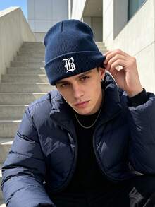 1pc Unisex Outdoor Warm Solid Color Ribbed Knitted Beanie Hat With Gothic A‑Z Letter Print,Edgy Cozy Versatile Fall Winter Headwear For Concert Events - Navy Blue - View 5