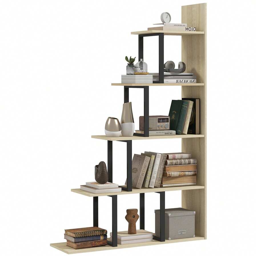Industriële boekenkast/kamerverdeler met 5 planken, 102 x 30 x 160 cm, eikenhouten afwerking - A - Bekijken 1