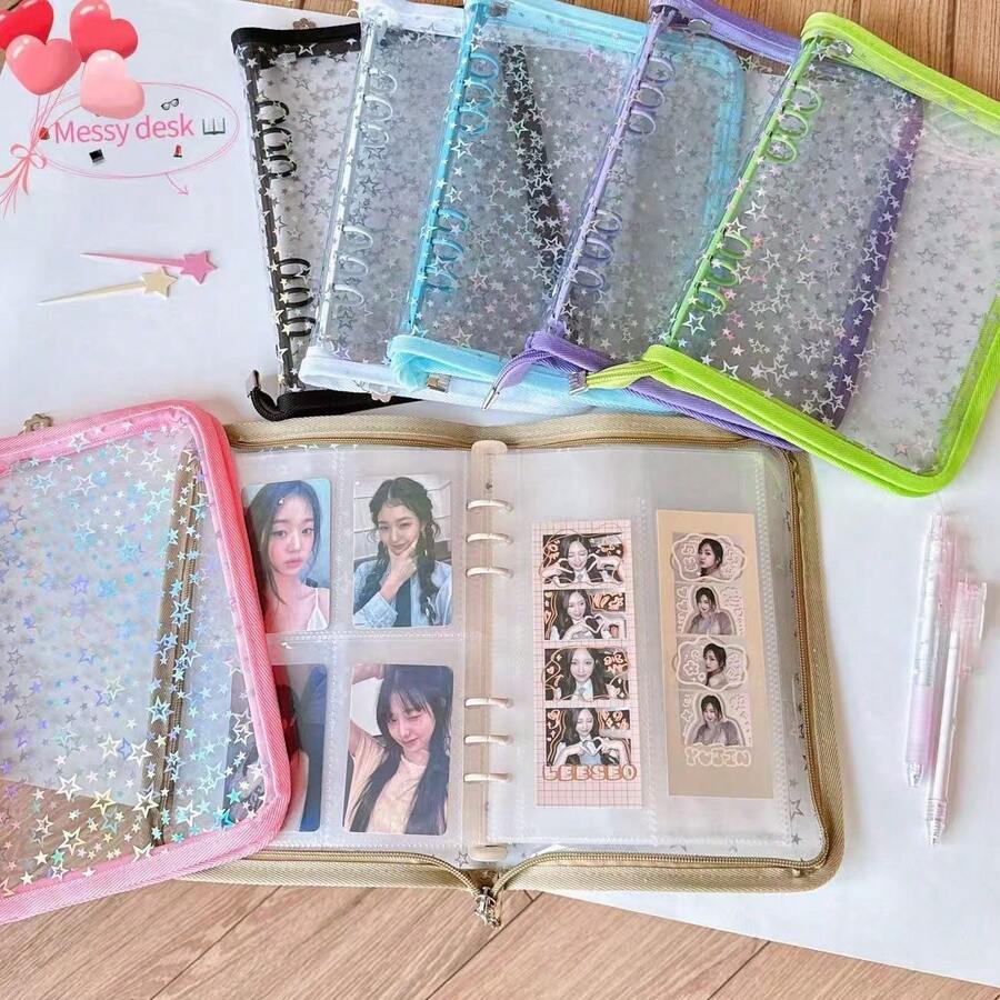 A5 Sticker Storage Organizer, Sticker Collection Book, Reusable Zipper Photo Album, Transparent Laser Star Cover, With Pocket Pages, Suitable For Journals, Student Office Supplies, Perfect For Storing Stickers And Small Accessories - Multicolor - View 1