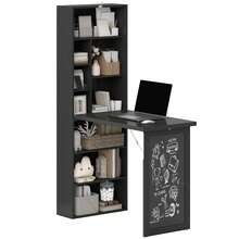 Opklapbaar computerbureau met boekenkast, werkblad, schoolbord en verstelbare plank, 98x51x153 cm, zwart - A - Bekijken 1