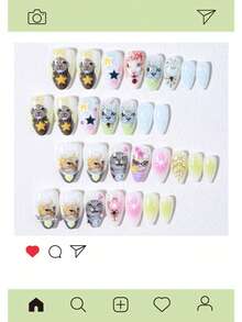 30pcs Short Almond-Shaped Press-On Nails, Colorful Hand-Painted Cute & Quirky Cat, Bow, Heart Pattern Design, Embellished With Small Steel Beads And Pearl Decor, Set Includes: 1pc Jelly Glue And 1pc Nail File - Multicolor - View 3