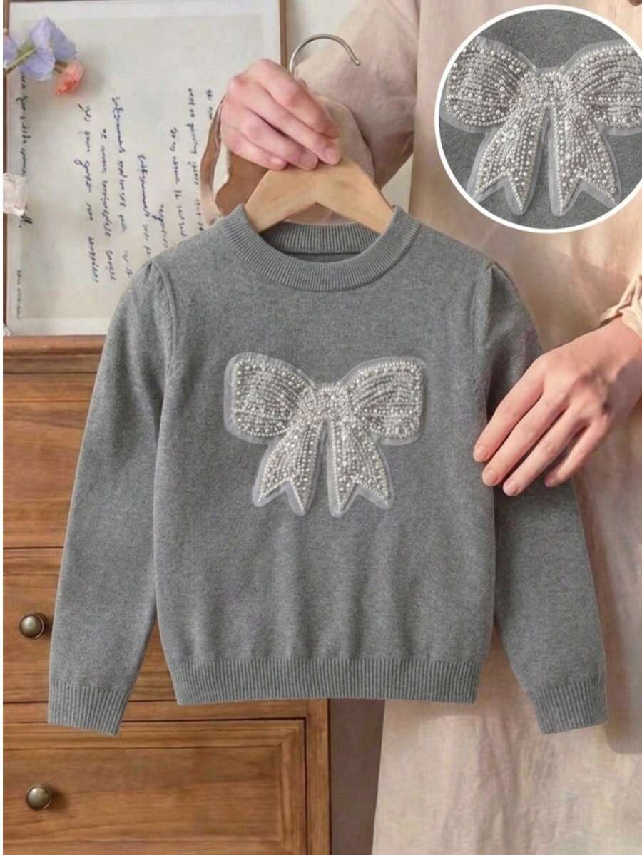 Girls' Cute Butterfly Pullover Sweater, Suitable For Daily Wear In Spring, Autumn And Winter - Grey - View 1