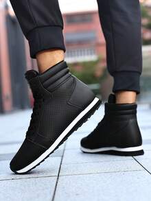 Men's Fashion High-Top Sneakers, Breathable, Anti-Slip, Wear-Resistant, Outdoor Walking, Daily Streetwear - Black - View 4